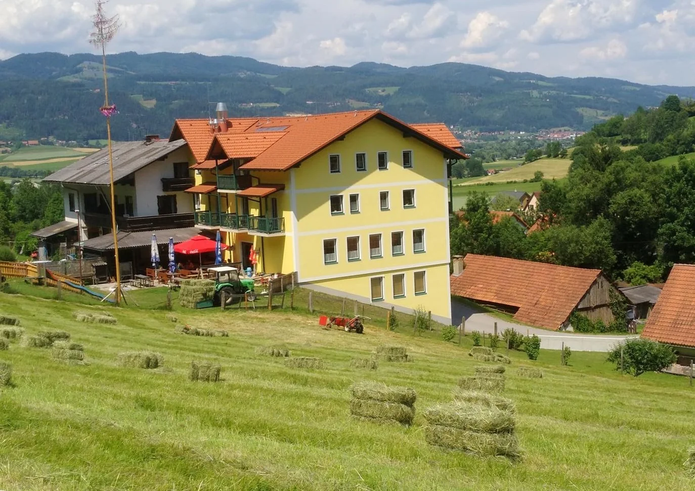 Der Sepplwirt im Sommer, mit Maibaum und frisch gemähter Wiese